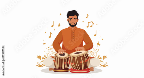 Traditional Indian musician playing the Tabla drums, dressed in orange cultural attire, surrounded by musical notes in this festive vector illustration.