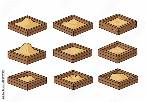 Nine isometric wooden boxes filled with sand variations, cartoon vector illustration set for construction or UI game assets.