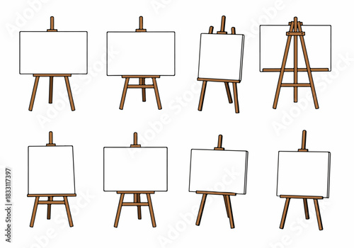 Set of eight vector easels with blank canvases in various styles and orientations, ideal for mockups, art, or exhibition themes.