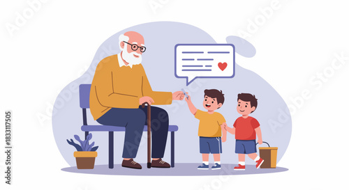 Grandfather receiving a gift or token of kindness from his two grandsons, symbolizing intergenerational love and care.