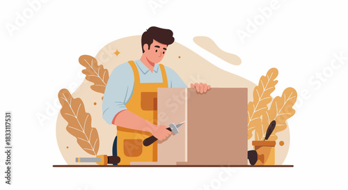 Young craftsman working on a handmade project, trimming material with a knife, showcasing DIY, artistry, and vocational skill.