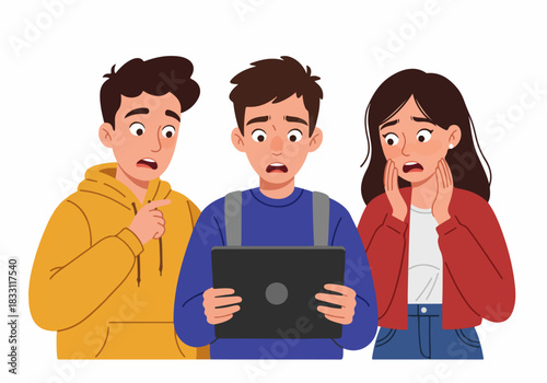 Three shocked friends reacting to terrible news or online disaster viewed on a laptop screen, expressing fear and surprise.