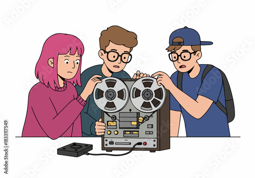 Group of friends investigating a vintage reel-to-reel audio tape recorder, exploring retro technology and mystery.