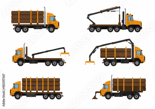 Set of Timber Truck Vector Illustrations. Flat design collection of logging vehicles carrying wood logs and equipped with loading cranes, isolated on white.