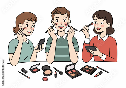 Group of diverse friends, including a man, applying blush and cosmetics together, demonstrating modern beauty and male grooming trends with makeup products.