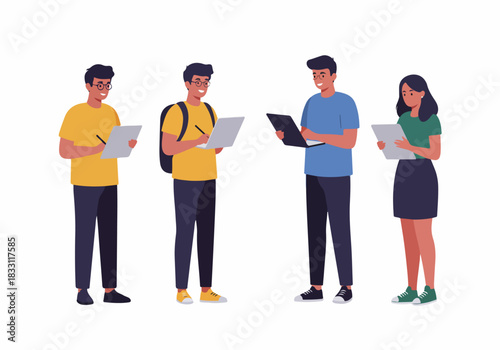 Diverse group of students or young professionals taking notes and using technology, showcasing teamwork and education.