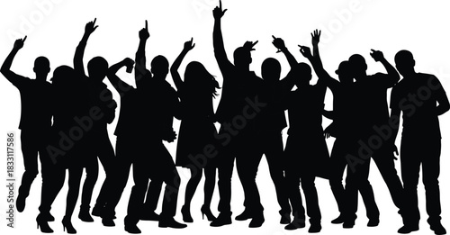 Black silhouettes of diverse people dancing and raising hands in celebration group