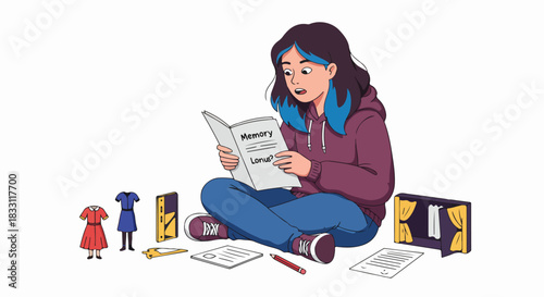 Focused young woman reads a script titled "Memory Loss?" surrounded by theater props and costume designs, illustrating preparation and rehearsal.