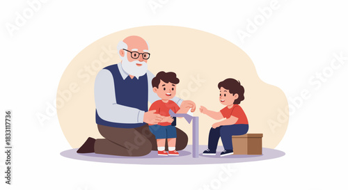 Grandfather spending time and bonding with his two young grandchildren in a heartwarming intergenerational family illustration.