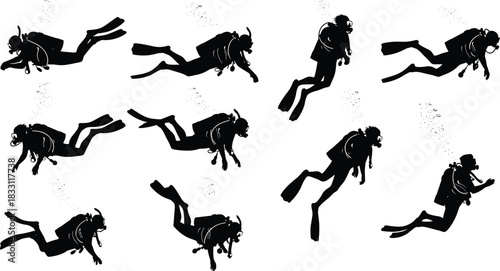 Black silhouette of scuba divers in various poses with bubbles on white background