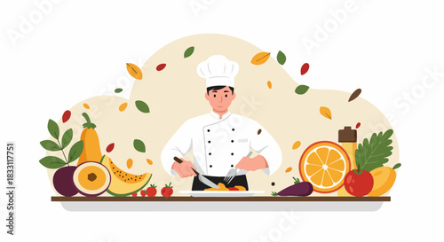 Professional chef preparing food, surrounded by healthy ingredients, fruits, and vegetables, flat cartoon illustration style.