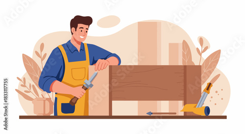 Smiling handyman or carpenter assembling wooden furniture using hand tools, demonstrating home improvement and craftsmanship.