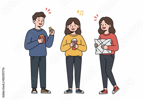 Cute illustration of three happy young friends with snacks, coffee, and a map, enjoying leisure time together.