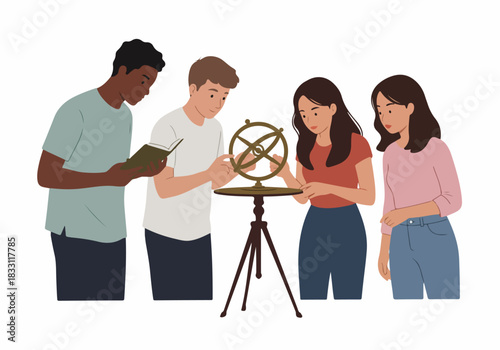 Diverse students collaborate on a science project, examining an armillary sphere or astronomical instrument.