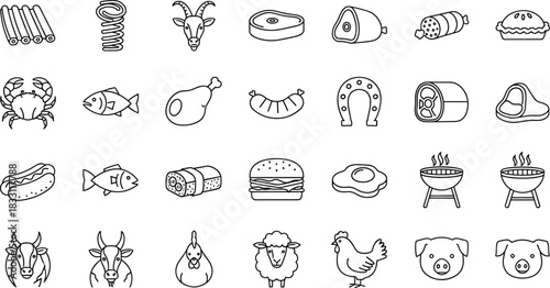 Meat and seafood line icons collection featuring beef, pork, poultry, fish, sausages, barbecue elements, livestock symbols, and food illustration set