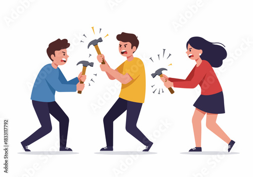Three frustrated people arguing and battling fiercely with hammers, symbolizing conflict resolution or rivalry.
