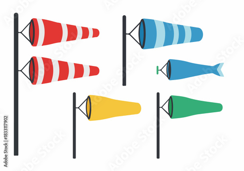 Flat vector illustration set of colorful windsocks and wind indicators, including striped red, blue, yellow, green, and novelty fish shapes, isolated on white.
