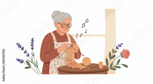 Cozy illustration of a smiling senior woman knitting happily, surrounded by flowers and musical notes.