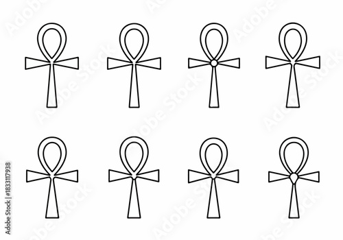 Ankh Symbol Icons Set. Key of Life Outline Vector Collection, Ancient Egyptian Hieroglyph Design Elements on White.