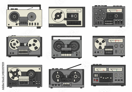 Collection of Vintage Reel-to-Reel Tape Recorders and Cassette Players Icons, Retro Audio Technology Vector Illustration Set.