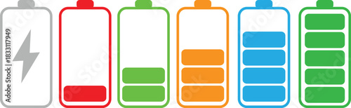 Set of colorful battery level icons displaying charging status from empty to full, featuring clean minimal vector design ideal for technology graphics, mobile interfaces, power management concepts