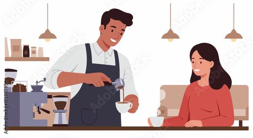 Friendly Barista Prepares Fresh Coffee for a Happy Customer in a Modern Cafe Vector Illustration.