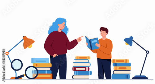 Mentoring and Study Session: Two People Discussing a Book Surrounded by Stacks of Literature, Magnifying Glass, and Desk Lamps.