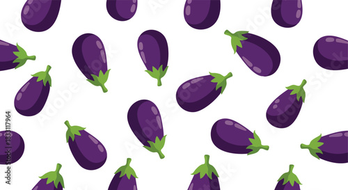 Seamless Pattern of Cartoon Eggplants with Green Stems on a White Background Ideal for Food and Kitchen Designs