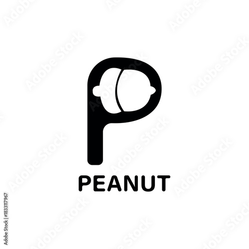 Creative letter P logo design seamlessly integrating an abstract cracked peanut or acorn illustration, symbolizing nutrition, natural snacks, or food industry branding