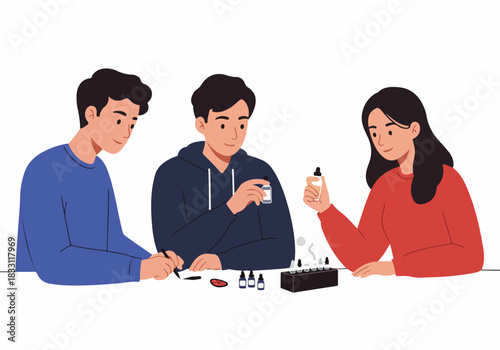 Young adults collaborating on DIY essential oil mixing or fragrance crafting using dropper bottles and a steamer, isolated illustration.
