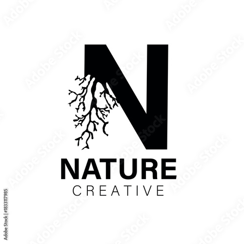 Nature Creative Elegant Letter N Logo Design with Organic Branch Elements