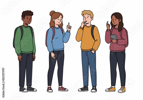 Diverse group of young students discussing ideas and problems. Illustrated characters standing with backpacks, showing various expressions.