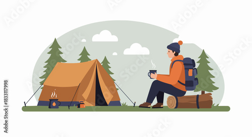 Hiker resting and drinking a hot beverage by a cozy tent in a peaceful pine forest, illustrating outdoor camping life.