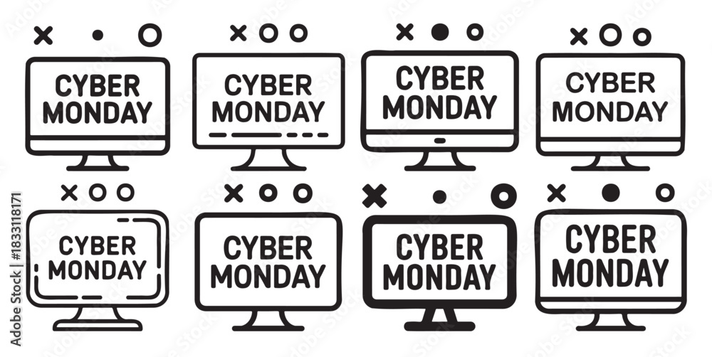 Obraz premium Cyber Monday sale vector icons set of computer screen symbols for online shopping promotions and advertising isolated on white background
