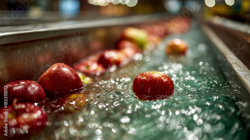 Shiny, wet apples in a flume of water. Processing of food in water, with lights reflected in the liquid and on the smooth fruit surface.