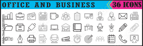 Office and business line icons for work tools, Set of 36 minimalist office and business icons illustrating workplace tools, communication, organization, productivity, and corporate concepts for profe
