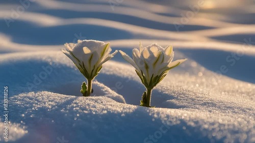 Two delicate white flowers emerge from a blanket of soft, undulating snow, bathed in gentle sunlight, symbolizing hope and resilience
