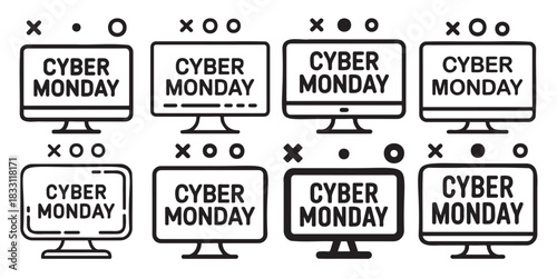 Cyber Monday sale vector icons set of computer screen symbols for online shopping promotions and advertising isolated on white background