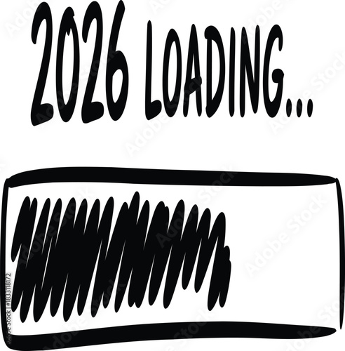 Minimalist Hand-Drawn 2026 Loading Illustration with Progress Bar in Black-and-White Sketch Style