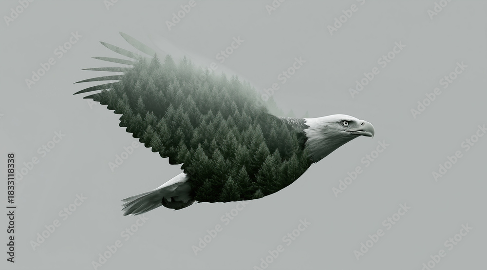 Fototapeta premium Majestic raptor soars through sky with forested wings forming ethereal silhouette.