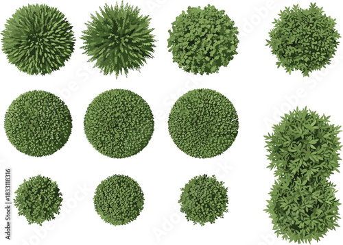 Set of Green Garden Shrubs and Bush Illustrations in Top View Perspective, Ideal for Architectural Site Plans, Landscape Design, and Map Creation Elements