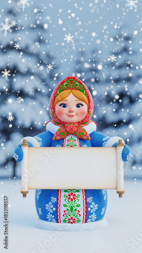 Traditional Russian doll character holding a blank scroll in a snowy winter scene for holiday announcement concept with copy space