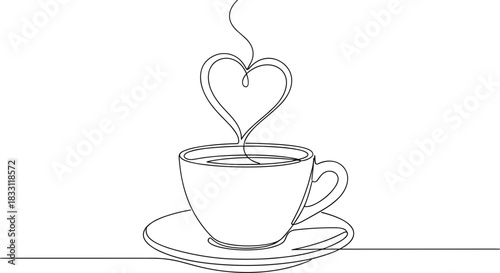 Continuous Line Art Coffee Cup with Heart Motif.