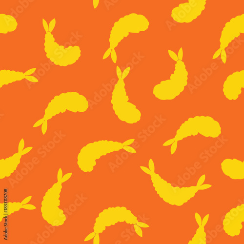 Vibrant Orange Background Featuring a Delightful Pattern of Golden Fried Shrimp Appetizers Perfect for Culinary Designs
