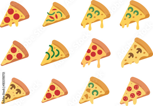 Flat cartoon illustration of assorted pizza slices with pepperoni, vegetables, mushrooms and melting cheese arranged in a colorful grid pattern