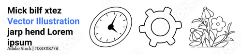 Time management, productivity, mechanical systems, nature, growth, design concepts. Black line art showing a clock, a gear and flowers. Time management and mechanical systems