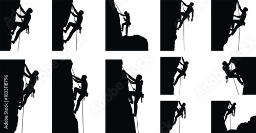 Black silhouette of rock climbers ascending steep cliffs with ropes and gear rock climbing