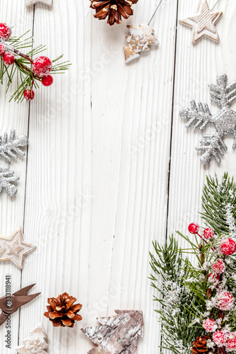 packaging christmas gifts in boxes on wooden background top view