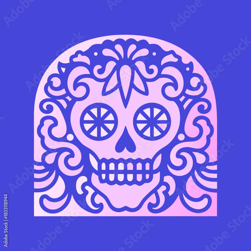 Ornate skull with floral filigree on purple background