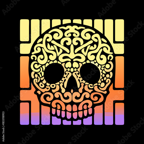 Ornate yellow skull with gradient background filigree